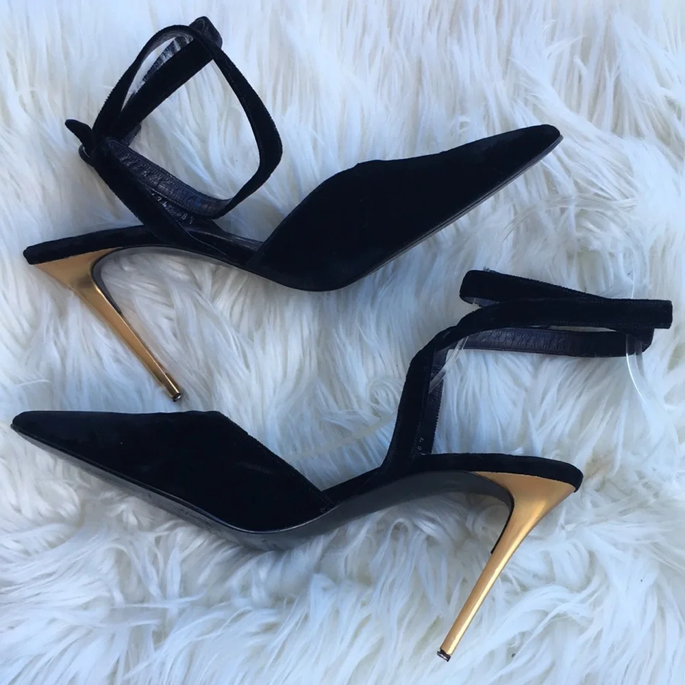 Donna Karan New York Black Velvet Pointy Toe Ankle Strap Heels - Picture 3 of 16